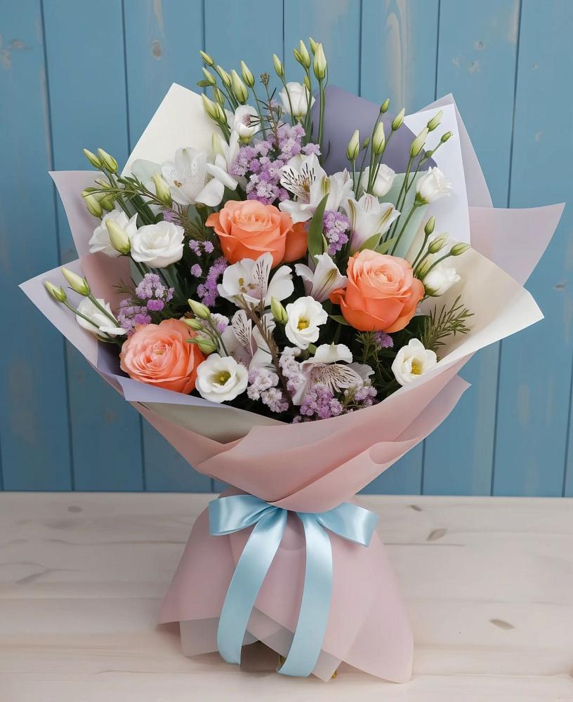 Букет цветов из: Лизиантусы, Розы, Альстромерии и Гипсофила в Вахруши