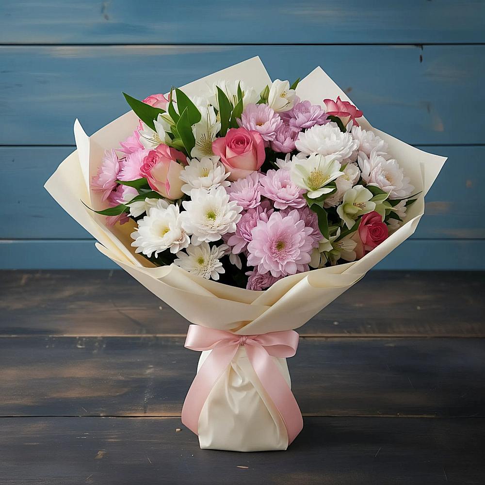 Букет цветов из: Хризантемы, Альстромерии и Розы в Вахруши